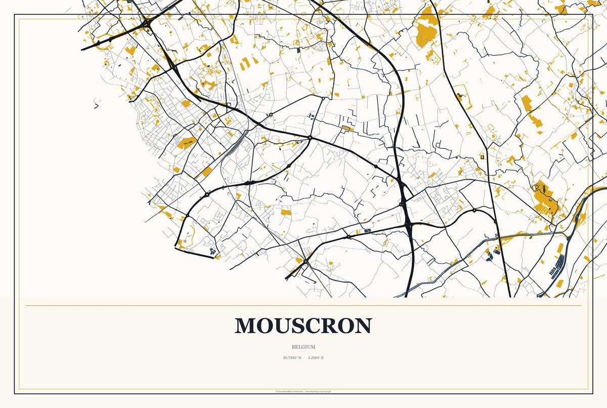 Mouscron, Belgium City Map Aluminum Sign in Citrine Modern style