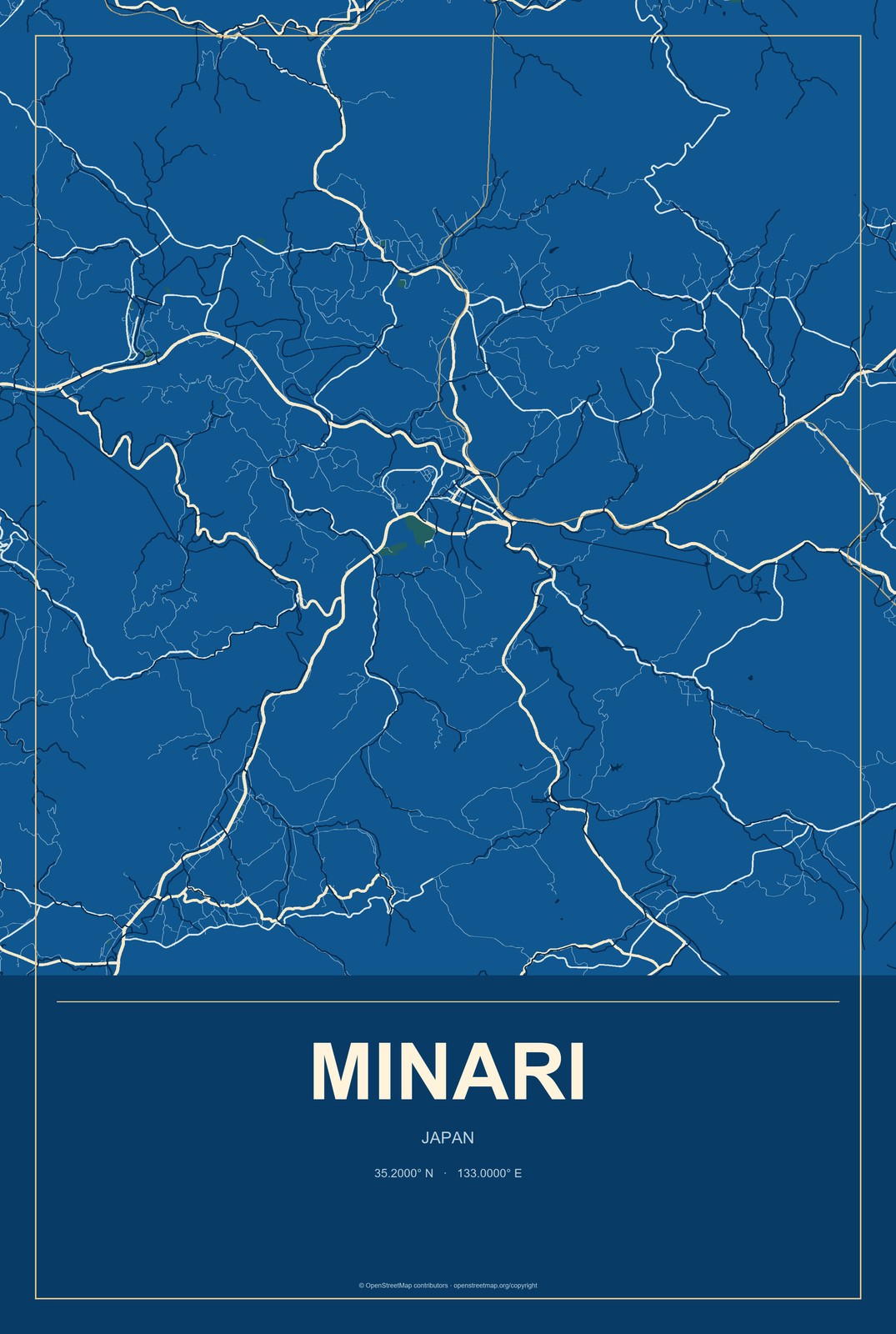 Minari, Japan City Map Aluminum Sign in Harbor Cobalt style