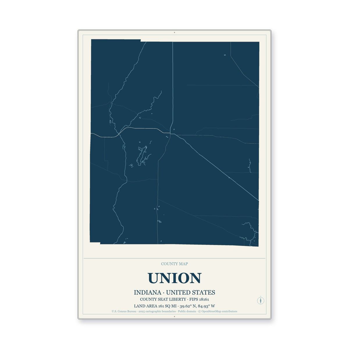 Union County, Indiana Map Aluminum Sign in Coastal Cutout style