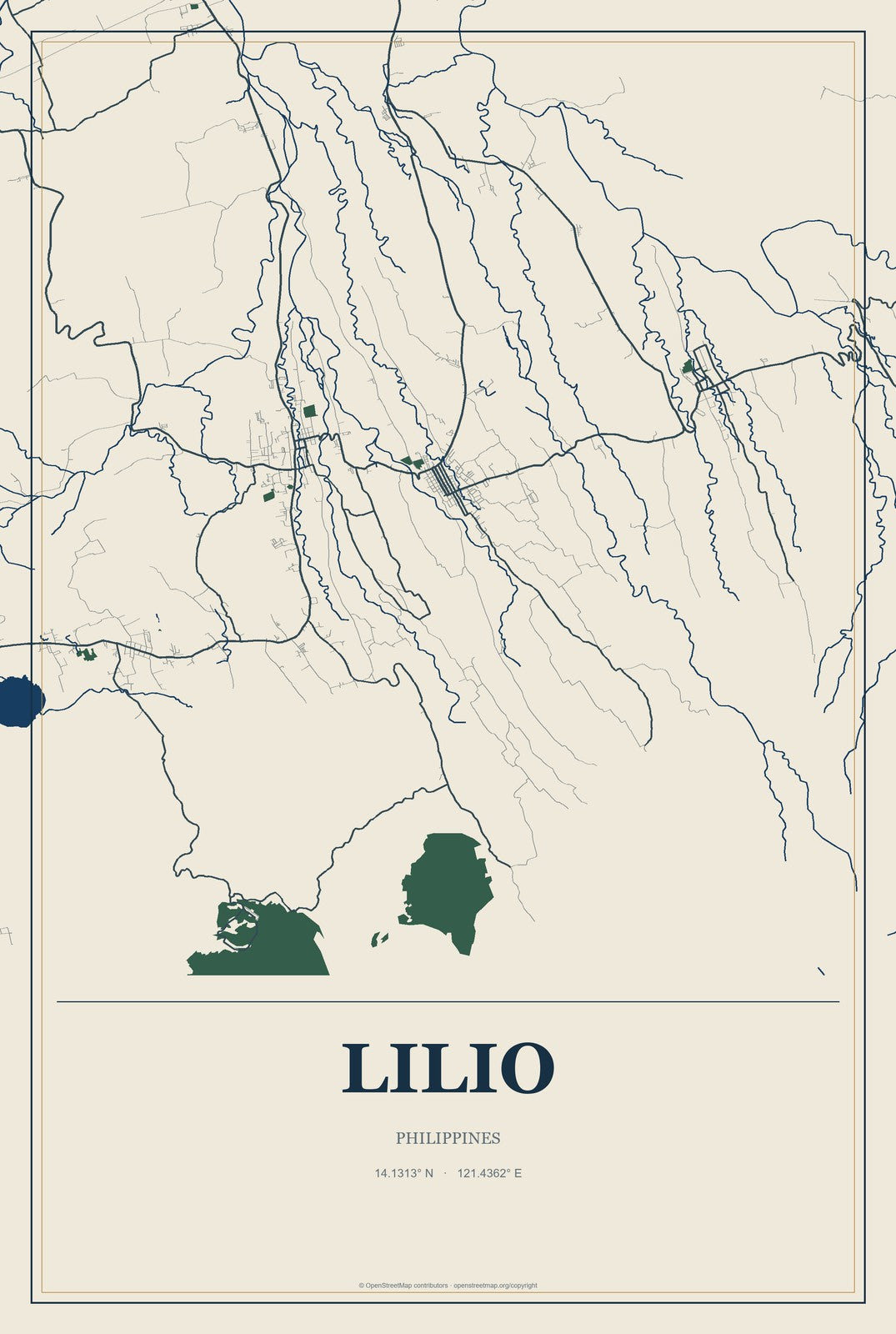 Lilio, Philippines City Map Aluminum Sign in Coastal Cutout style