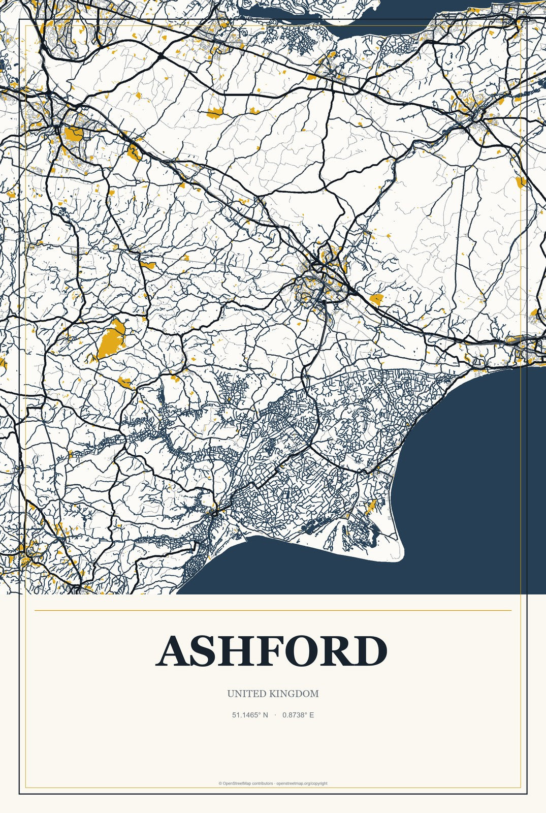 Ashford, United Kingdom City Map Aluminum Sign in Citrine Modern style