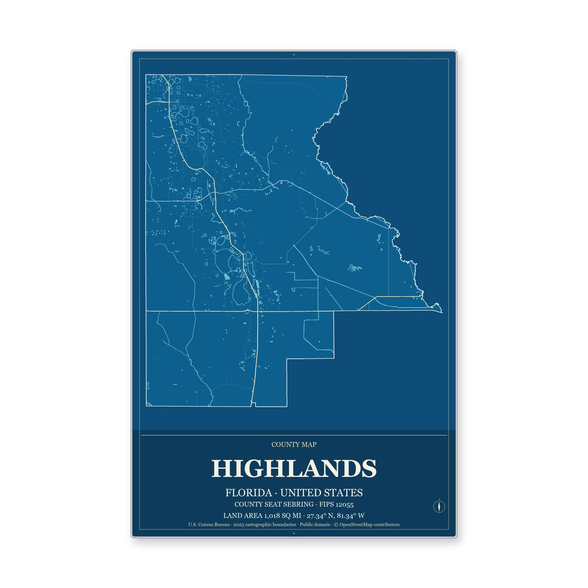 Highlands County, Florida Map Aluminum Sign in Harbor Cobalt style
