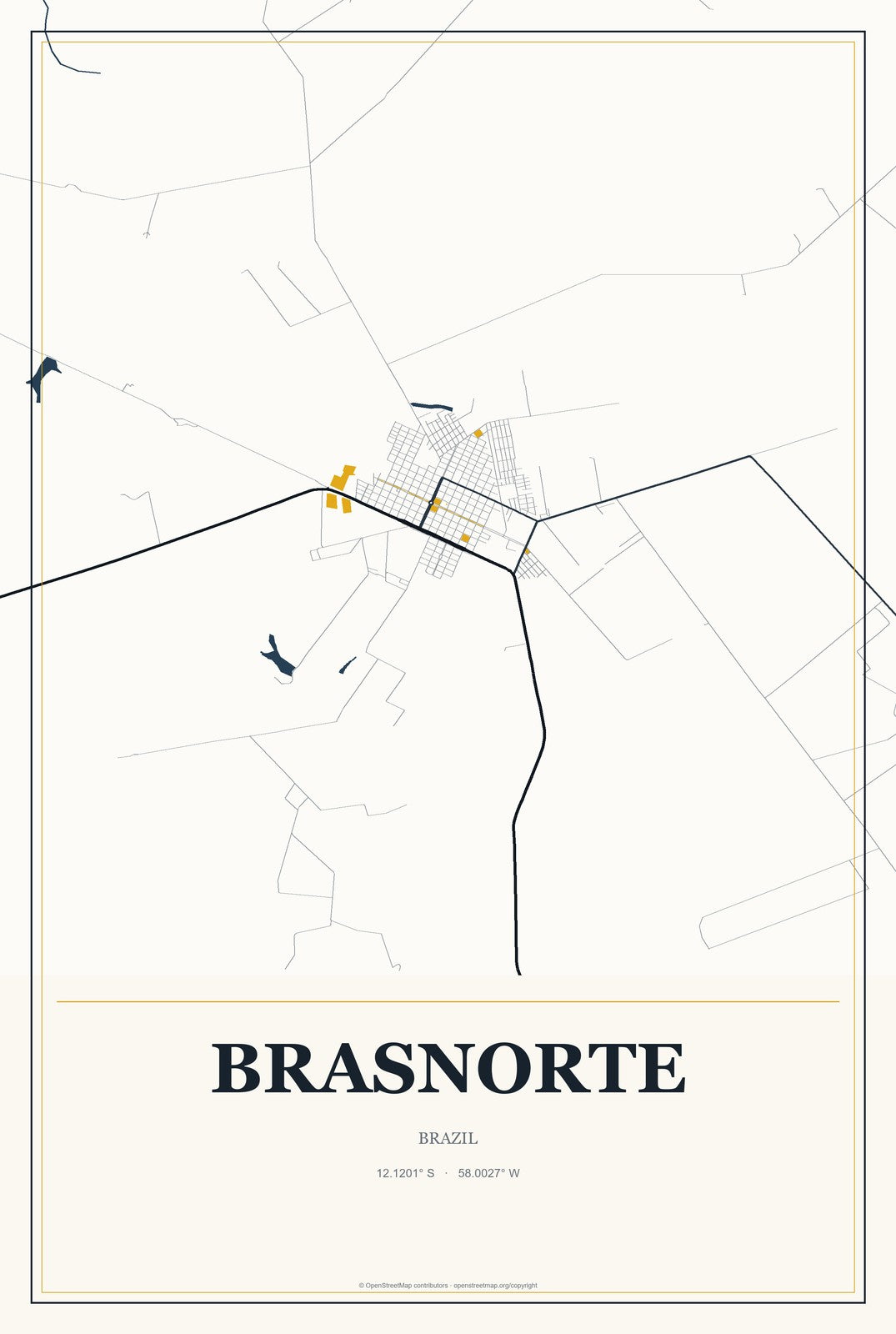 Brasnorte, Brazil City Map Aluminum Sign in Citrine Modern style