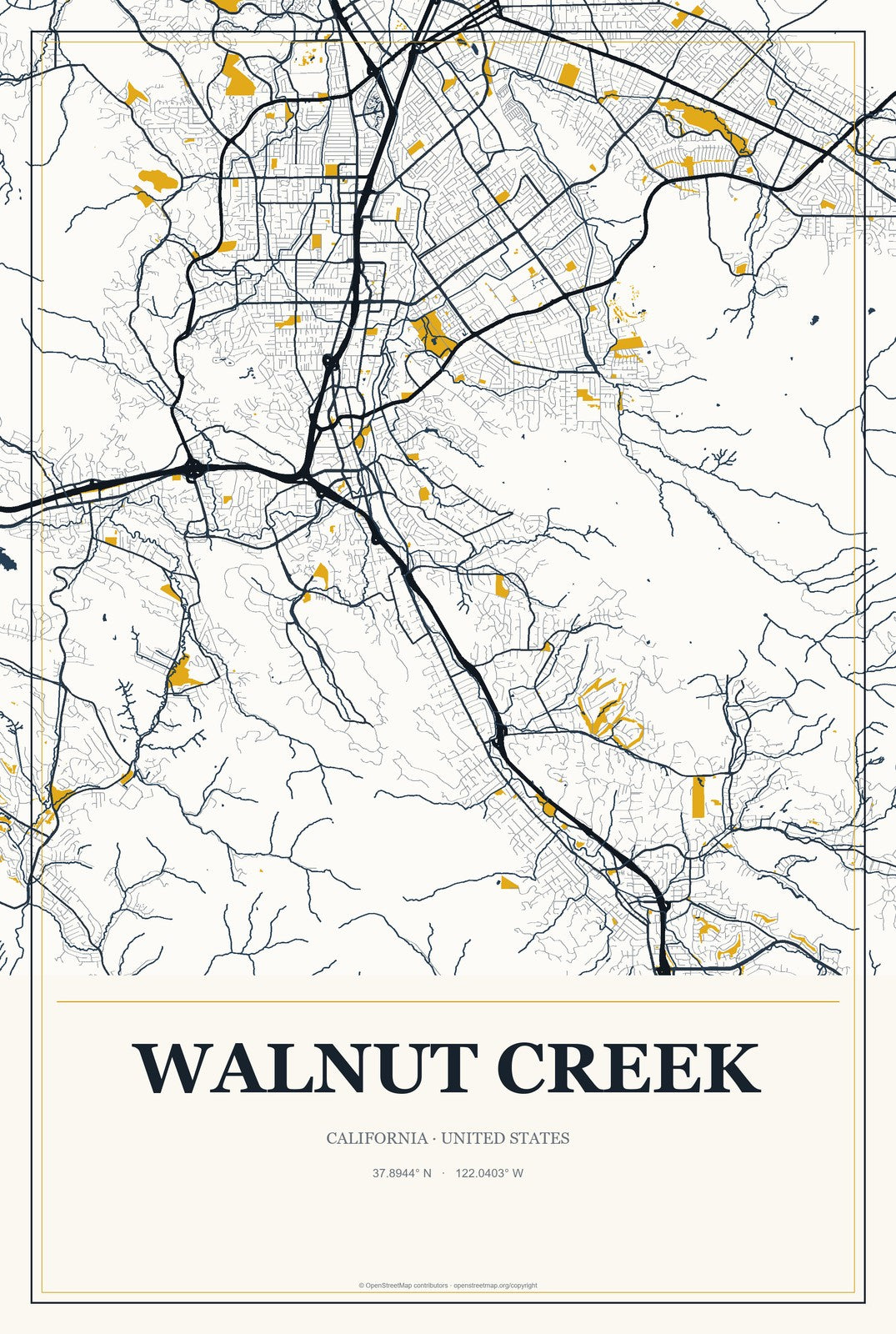 Walnut Creek, California City Map Aluminum Sign in Citrine Modern style