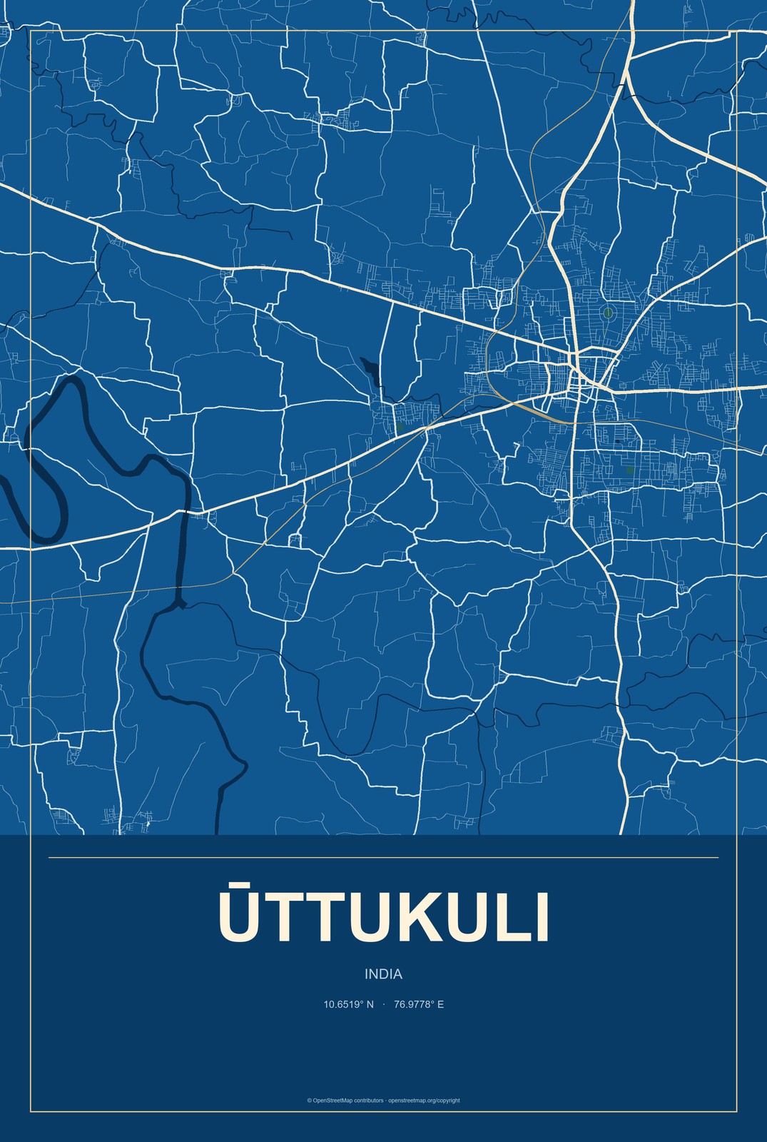 Ūttukuli, India City Map Aluminum Sign in Harbor Cobalt style