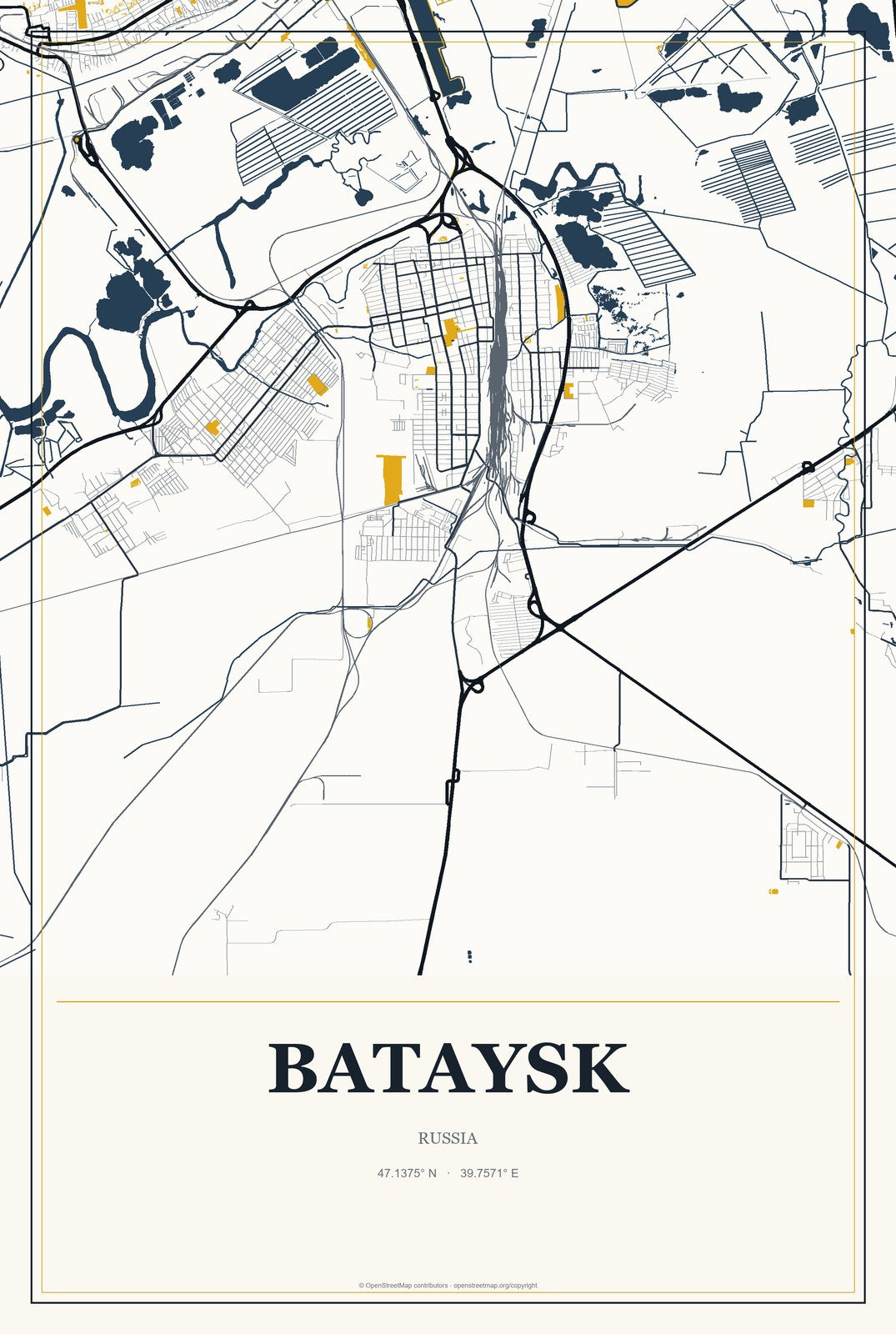 Bataysk, Russia City Map Aluminum Sign in Citrine Modern style