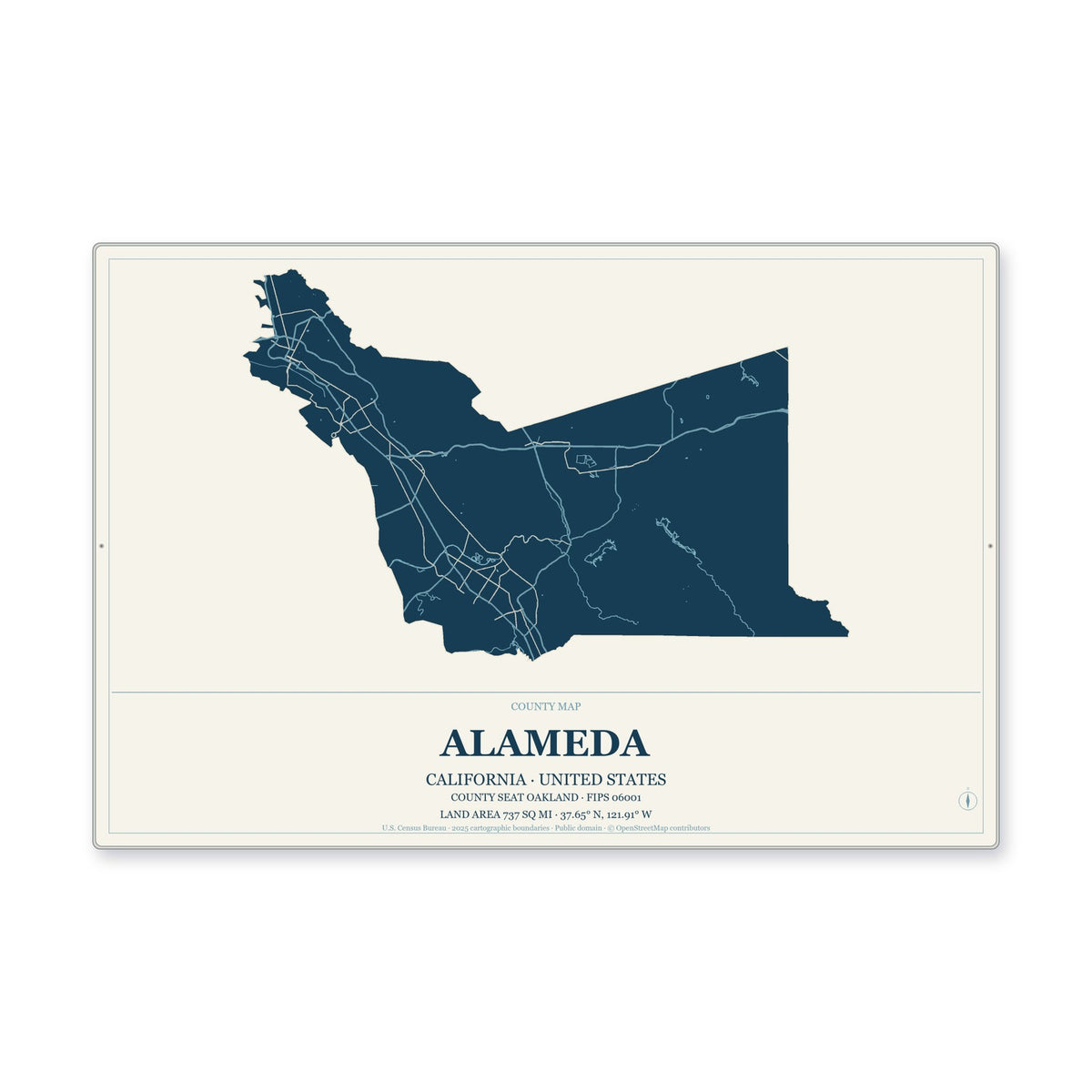Alameda County, California Map Aluminum Sign in Coastal Cutout style