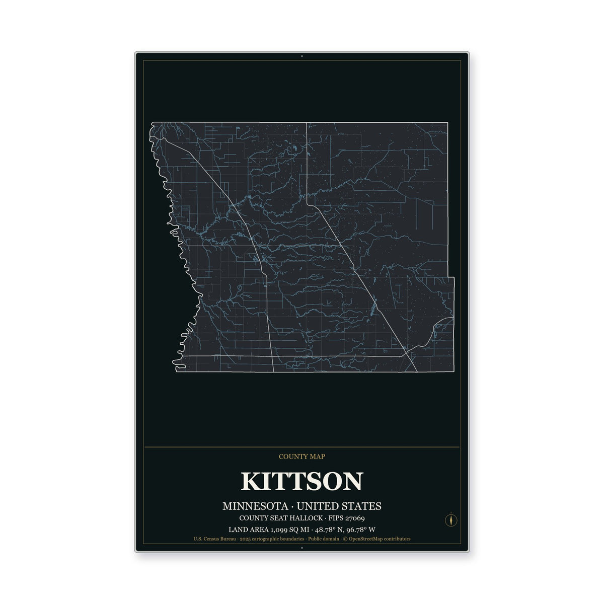 Kittson County, Minnesota Map Aluminum Sign in Metropolitan Noir style