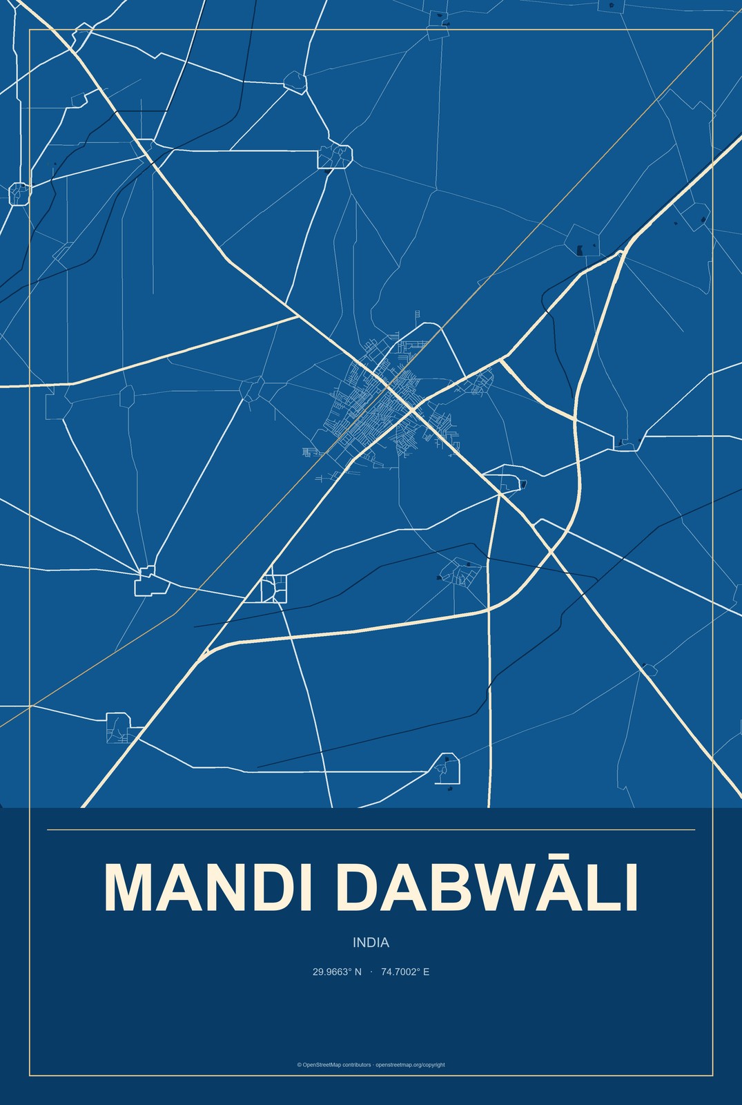 Mandi Dabwāli, India City Map Aluminum Sign in Harbor Cobalt style