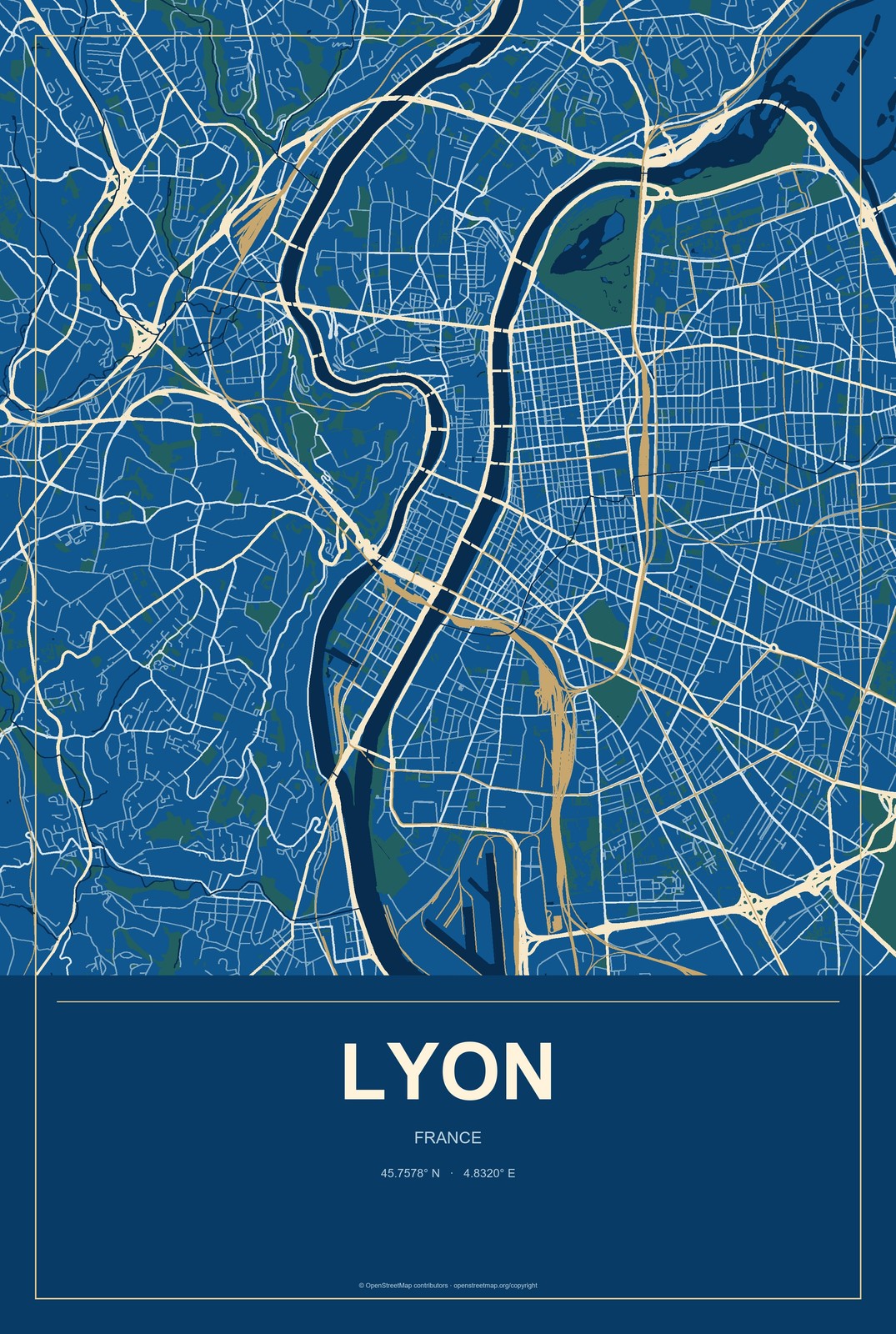 Lyon, France City Map Aluminum Sign in Harbor Cobalt style