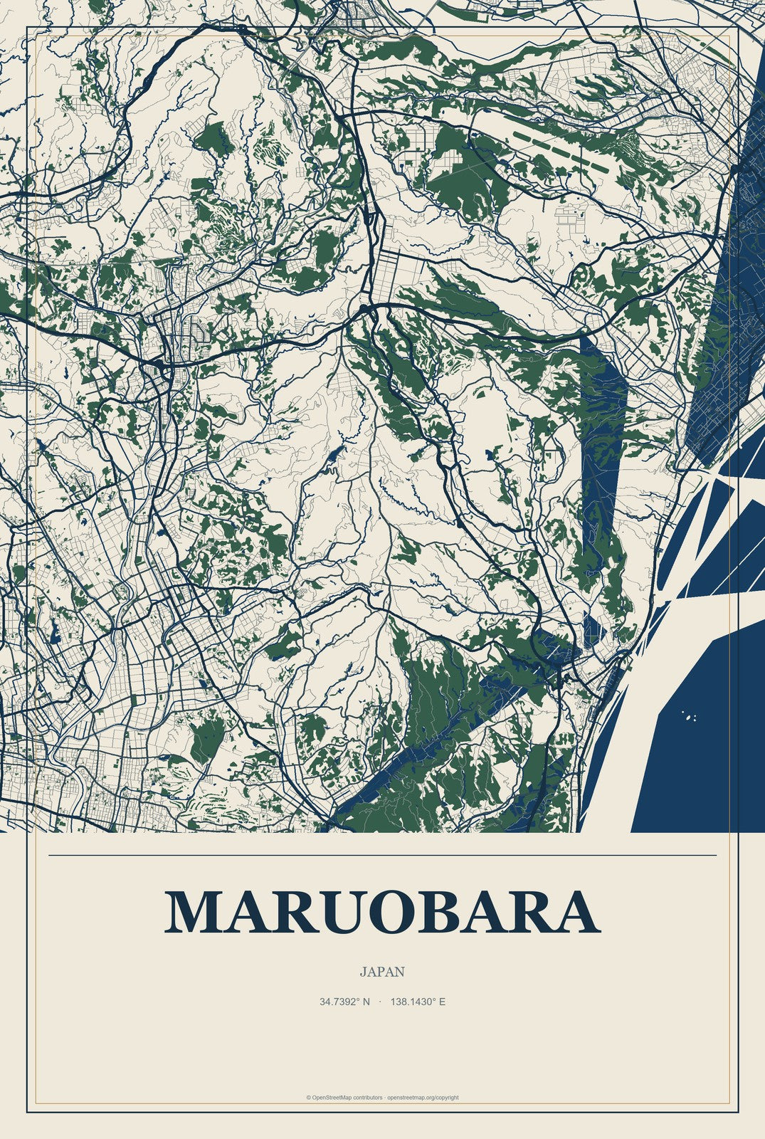 Maruobara, Japan City Map Aluminum Sign in Coastal Cutout style