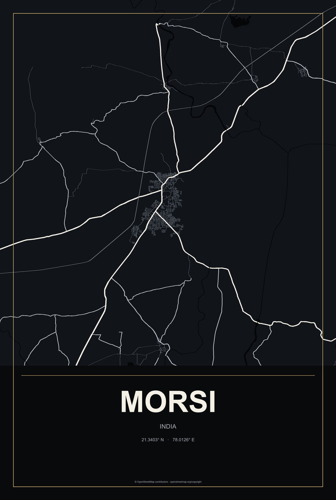 Morsi, India City Map Aluminum Sign in Metropolitan Noir style