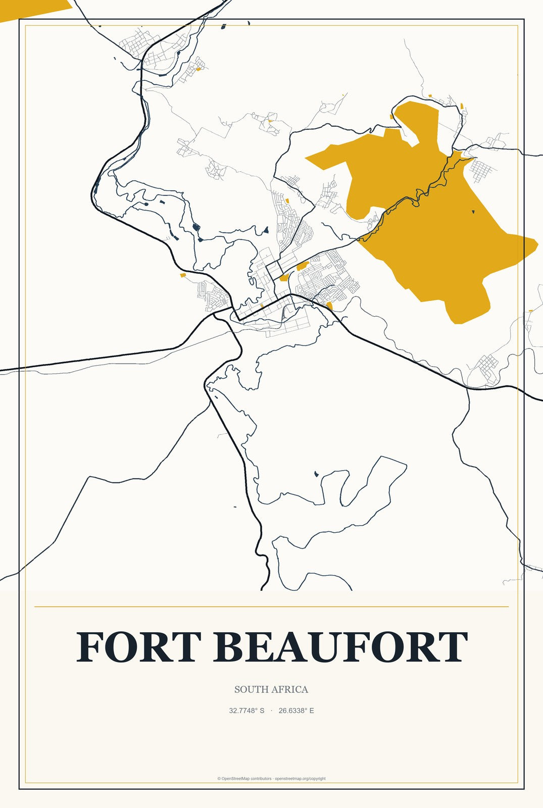 Fort Beaufort, South Africa City Map Aluminum Sign in Citrine Modern style