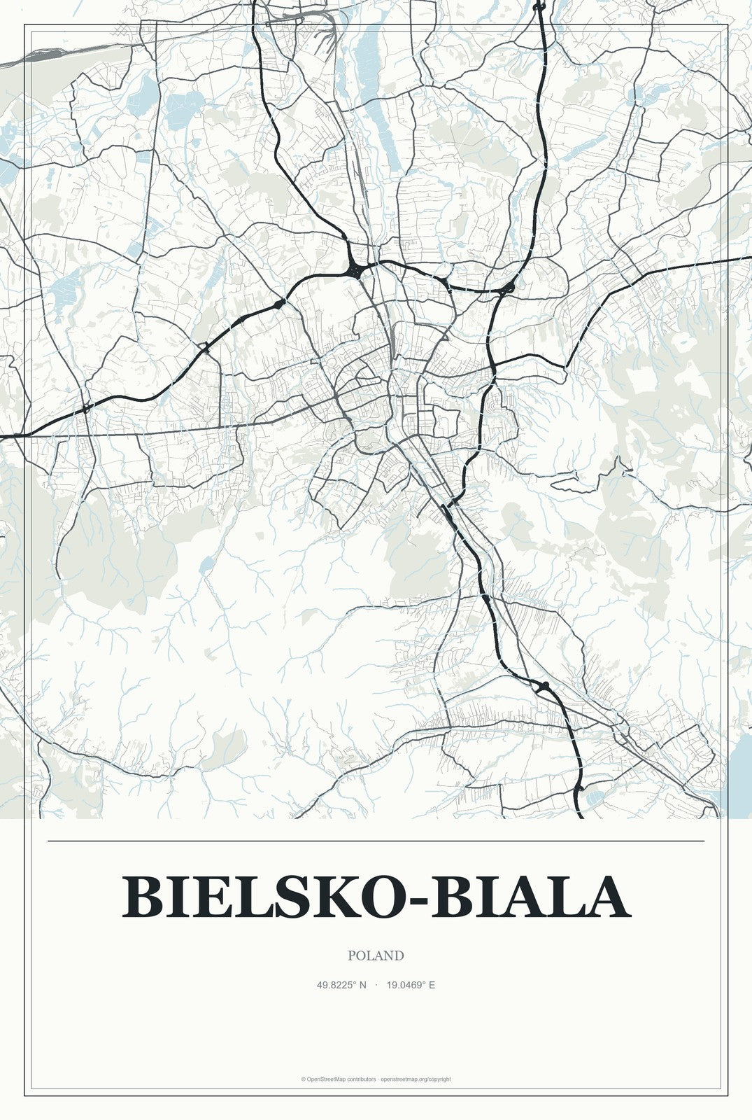 Bielsko-Biala, Poland City Map Aluminum Sign in Gallery Air style