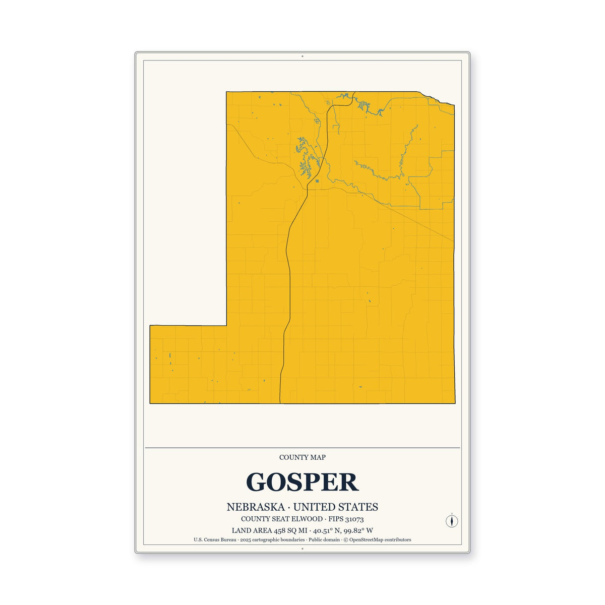 Gosper County, Nebraska Map Aluminum Sign in Citrine Modern style