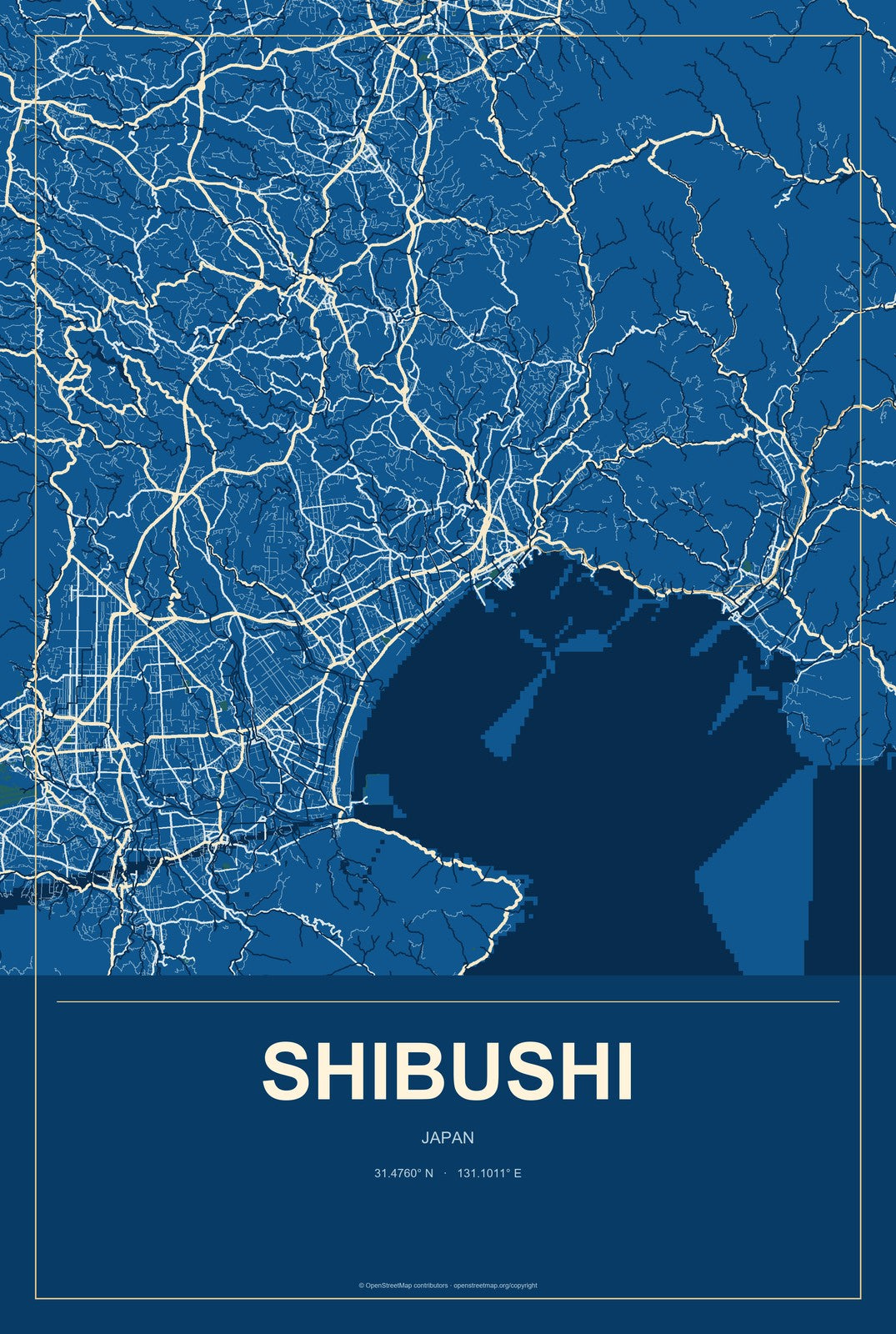 Shibushi, Japan City Map Aluminum Sign in Harbor Cobalt style