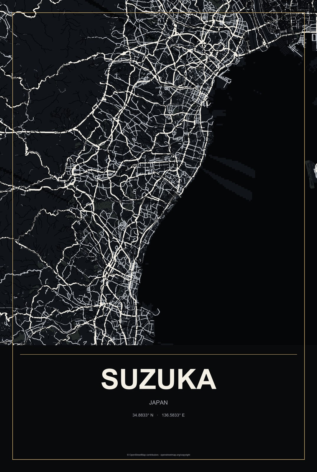 Suzuka, Japan City Map Aluminum Sign in Metropolitan Noir style