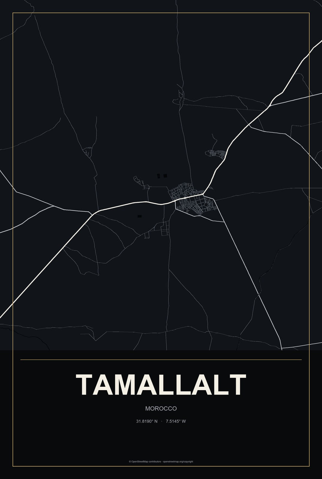 Tamallalt, Morocco City Map Aluminum Sign in Metropolitan Noir style