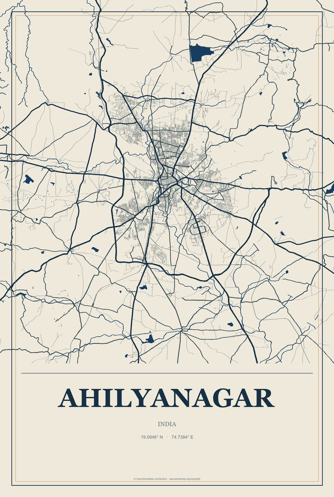 Ahilyanagar, India City Map Aluminum Sign in Coastal Cutout style