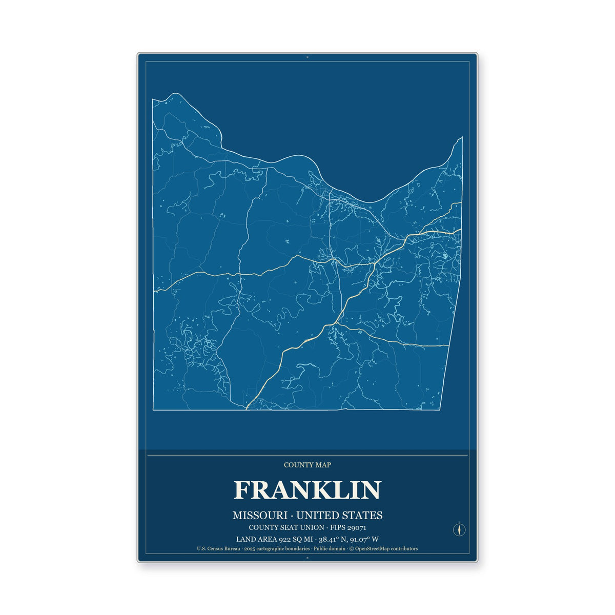 Franklin County, Missouri Map Aluminum Sign in Harbor Cobalt style