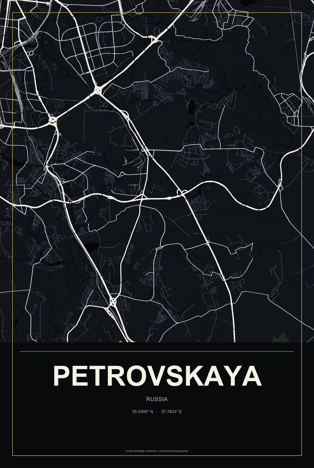 Petrovskaya, Moscow Oblast, Russia City Map Aluminum Sign in Metropolitan Noir style