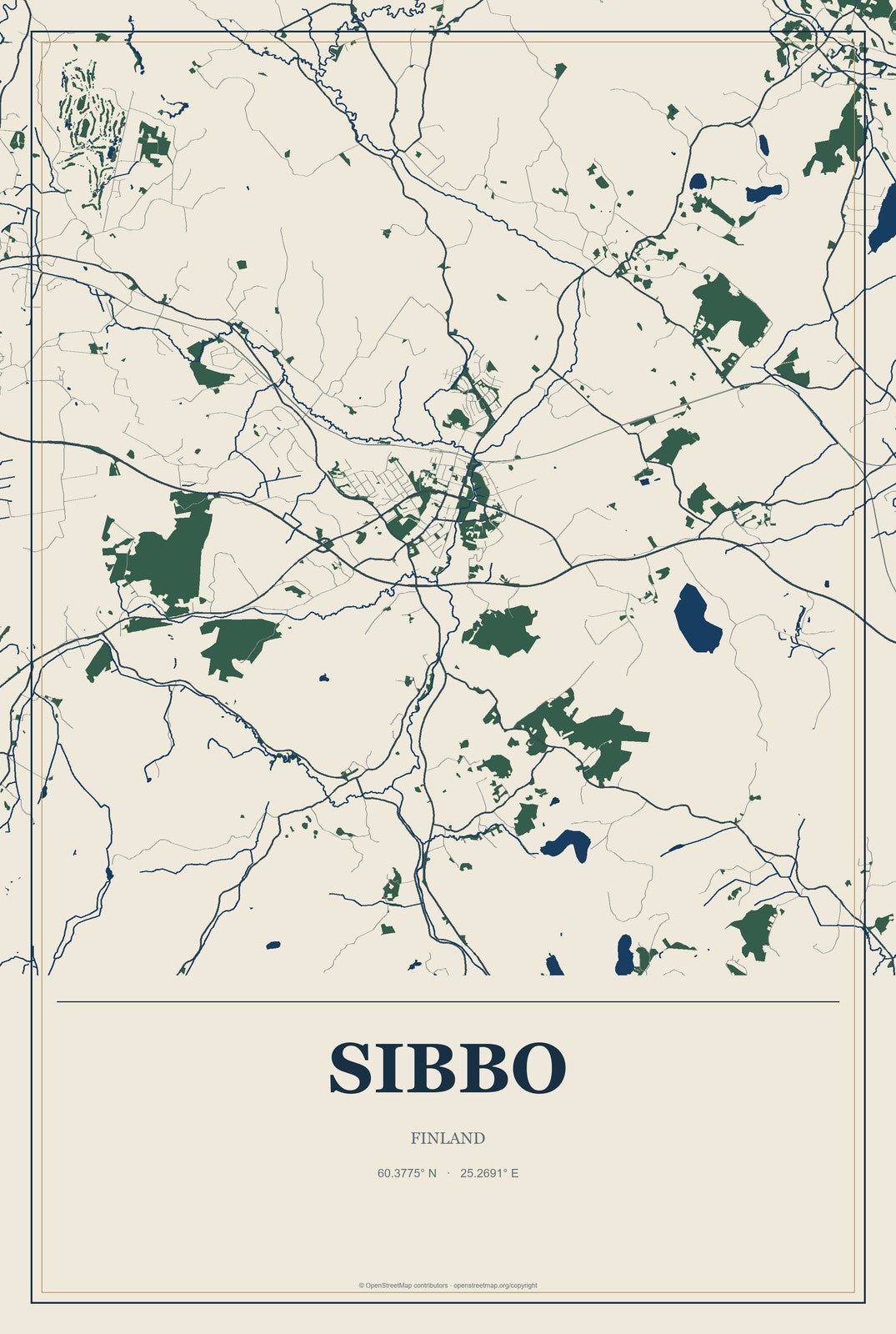 Sibbo, Finland City Map Aluminum Sign in Coastal Cutout style