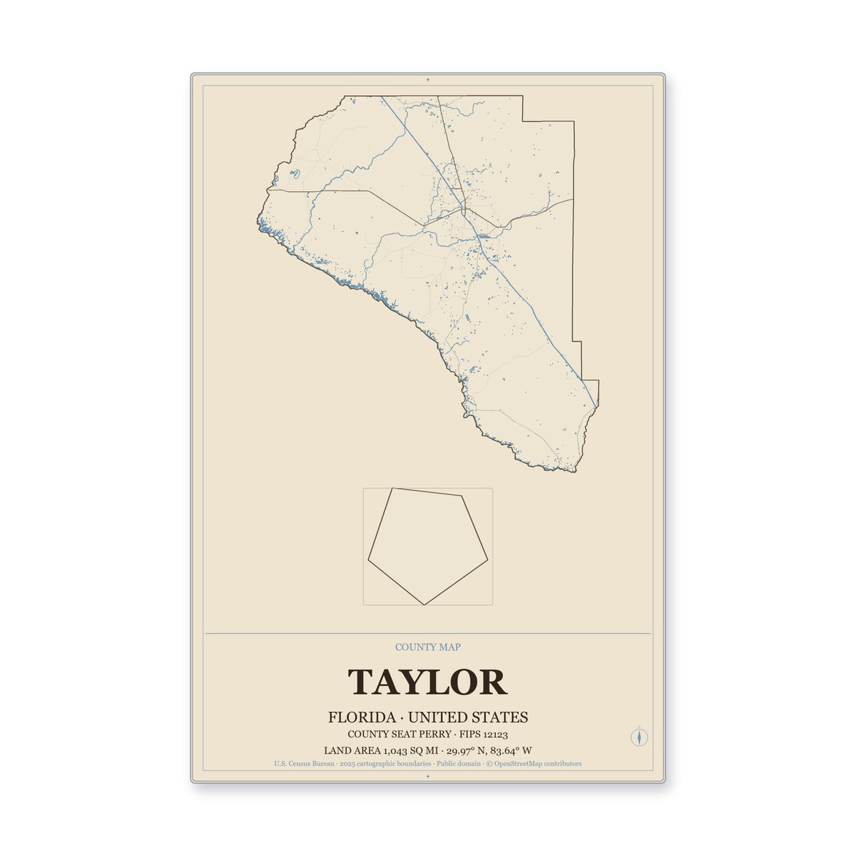 Taylor County, Florida Map Aluminum Sign in Heritage Nautical style