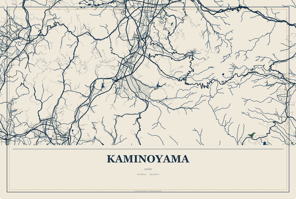 Kaminoyama, Japan City Map Aluminum Sign in Coastal Cutout style