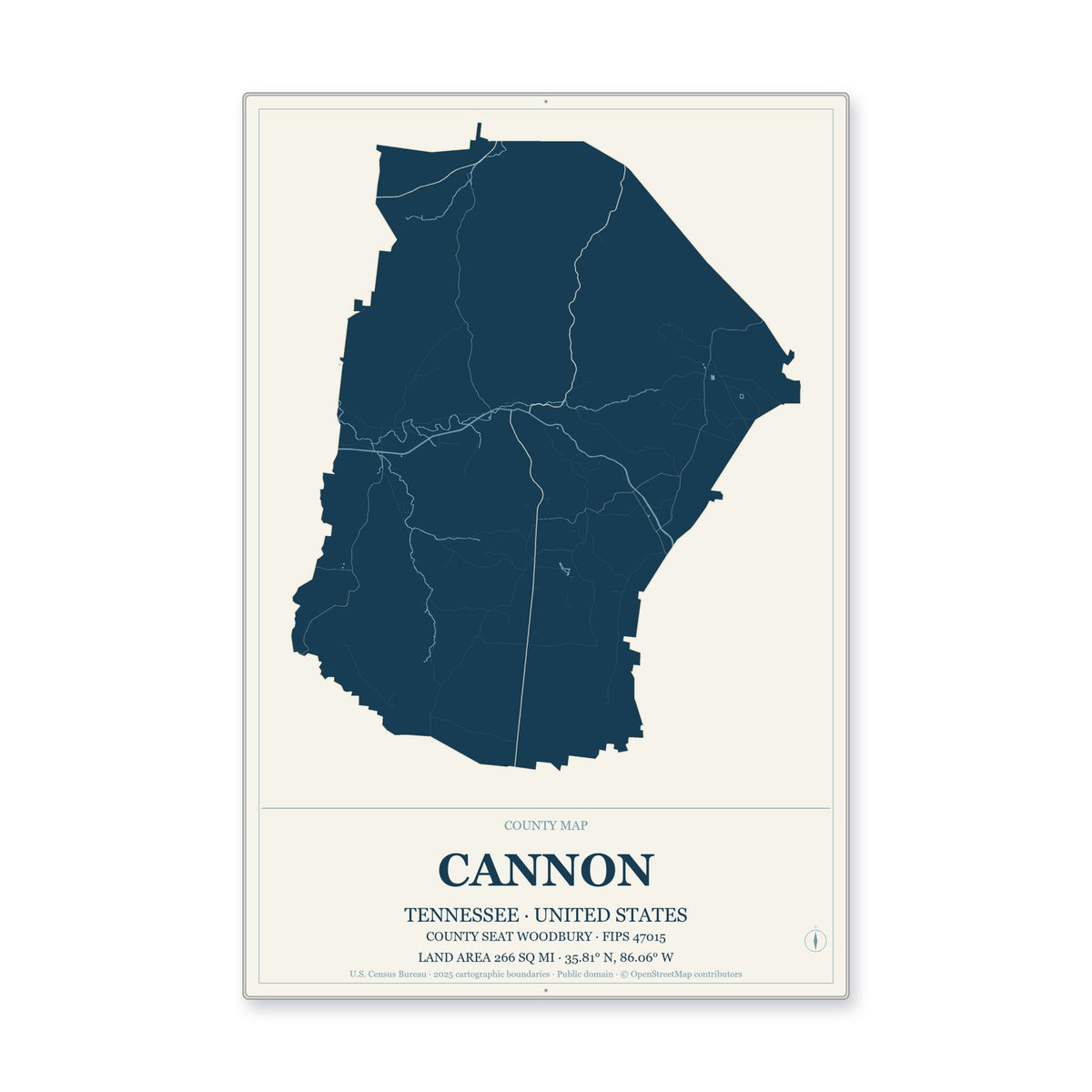 Cannon County, Tennessee Map Aluminum Sign in Coastal Cutout style