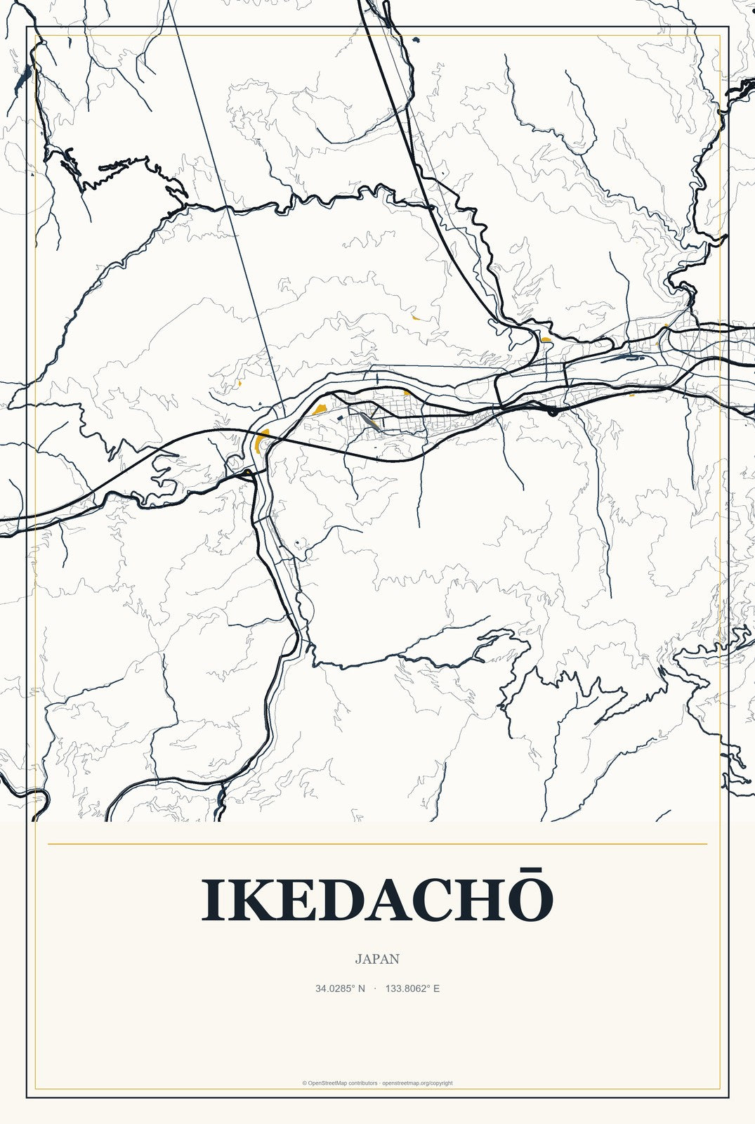 Ikedachō, Japan City Map Aluminum Sign in Citrine Modern style