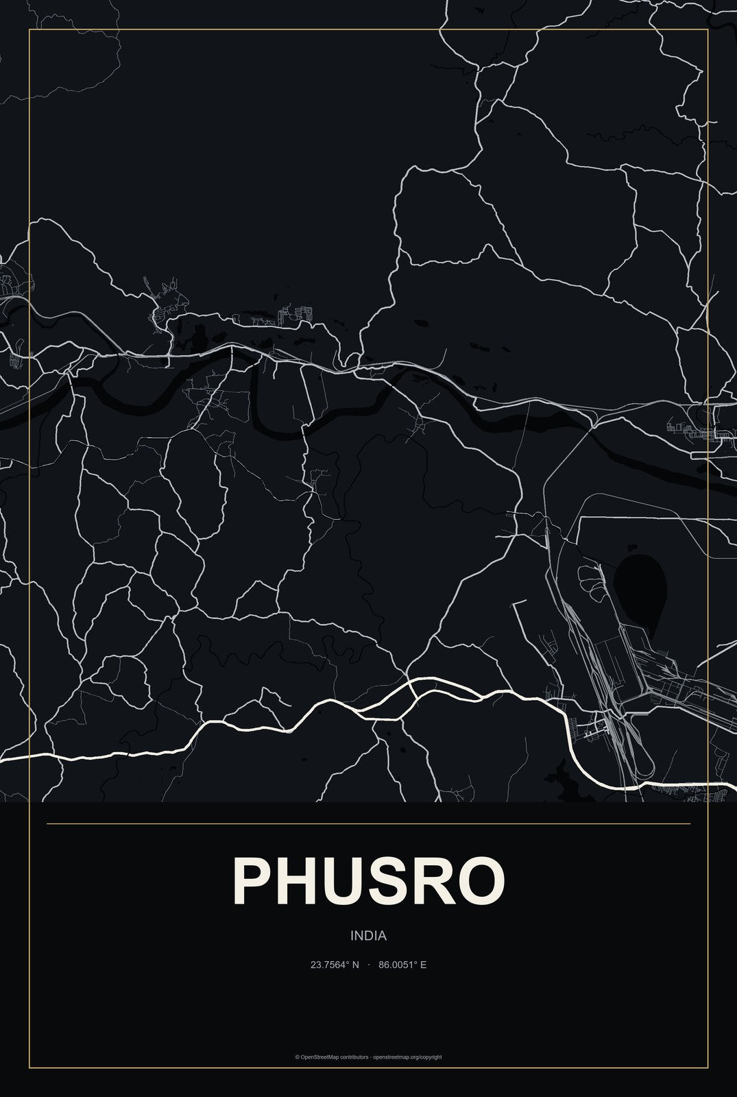 Phusro, India City Map Aluminum Sign in Metropolitan Noir style