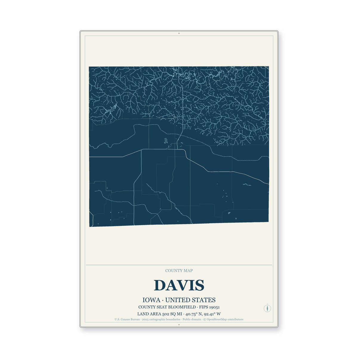 Davis County, Iowa Map Aluminum Sign in Coastal Cutout style