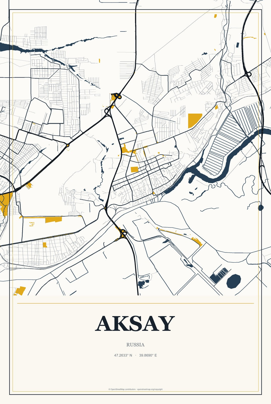 Aksay, Russia City Map Aluminum Sign in Citrine Modern style