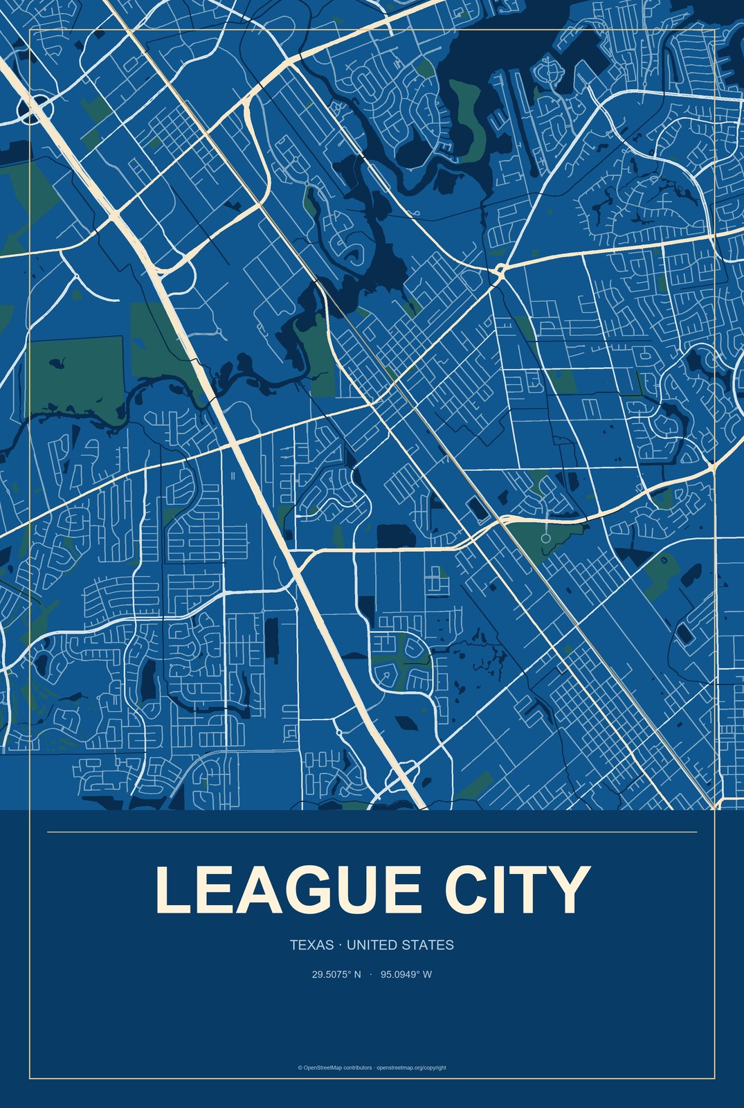 League City, Texas City Map Aluminum Sign in Harbor Cobalt style