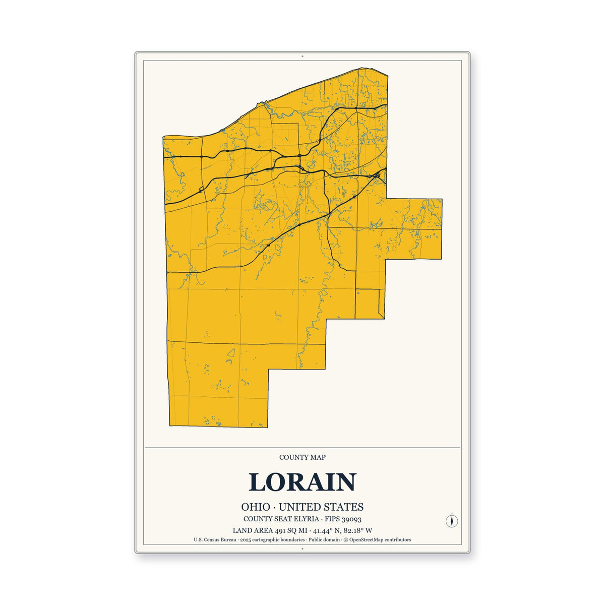 Lorain County, Ohio Map Aluminum Sign in Citrine Modern style
