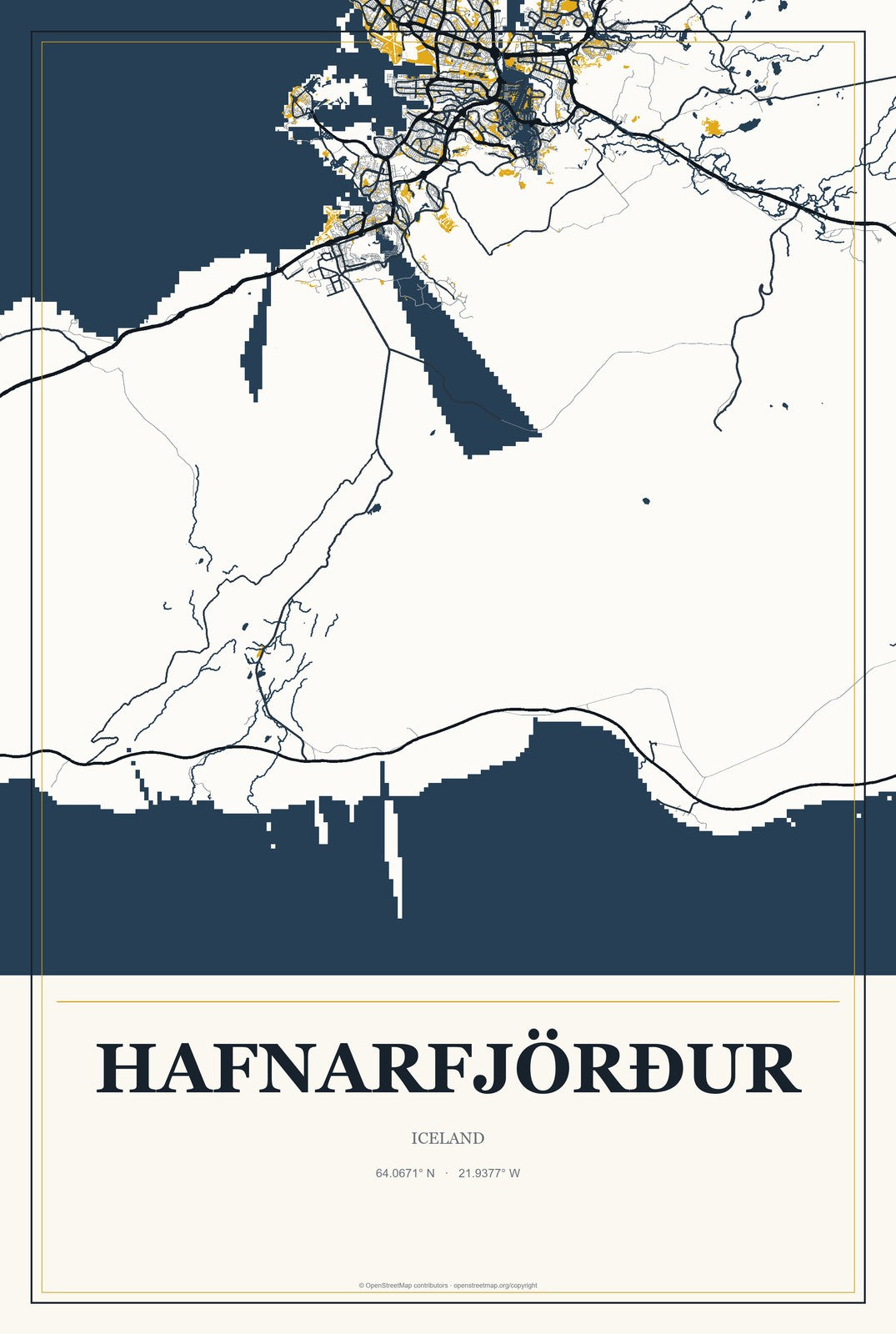 Hafnarfjörður, Iceland City Map Aluminum Sign in Citrine Modern style