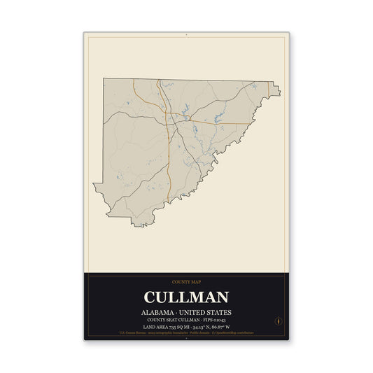 Cullman County, Alabama Map Aluminum Sign in Museum Plaque style