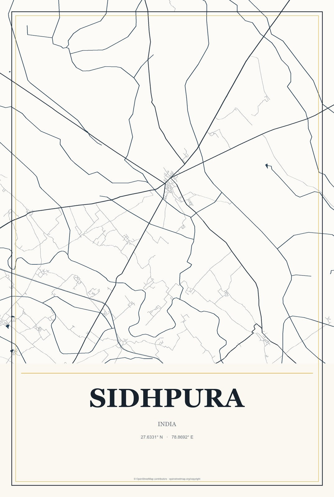 Sidhpura, India City Map Aluminum Sign in Citrine Modern style