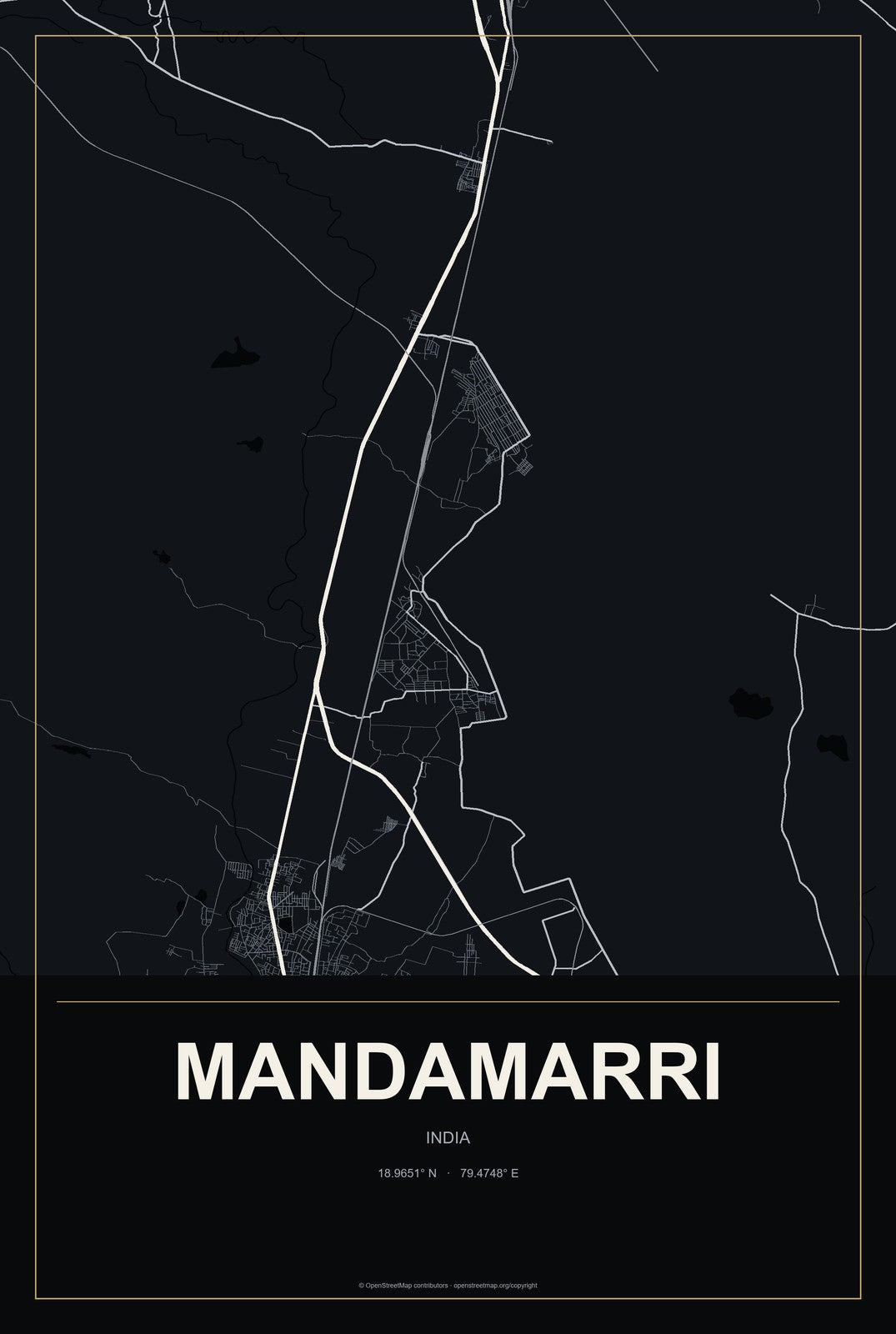 Mandamarri, India City Map Aluminum Sign in Metropolitan Noir style