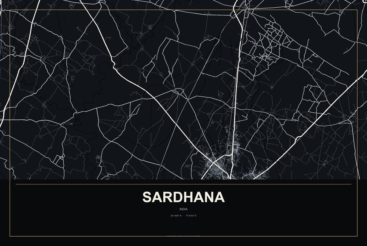 Sardhana, India City Map Aluminum Sign in Metropolitan Noir style