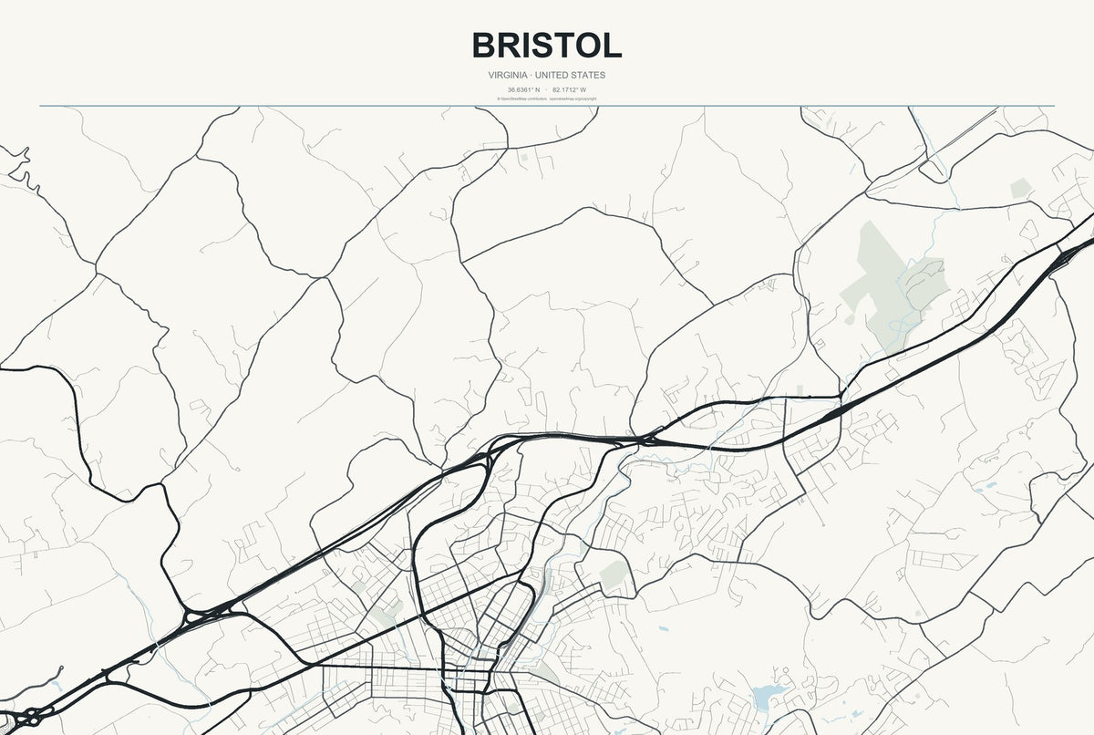 Bristol, Virginia City Map Aluminum Sign in Headline Atlas style