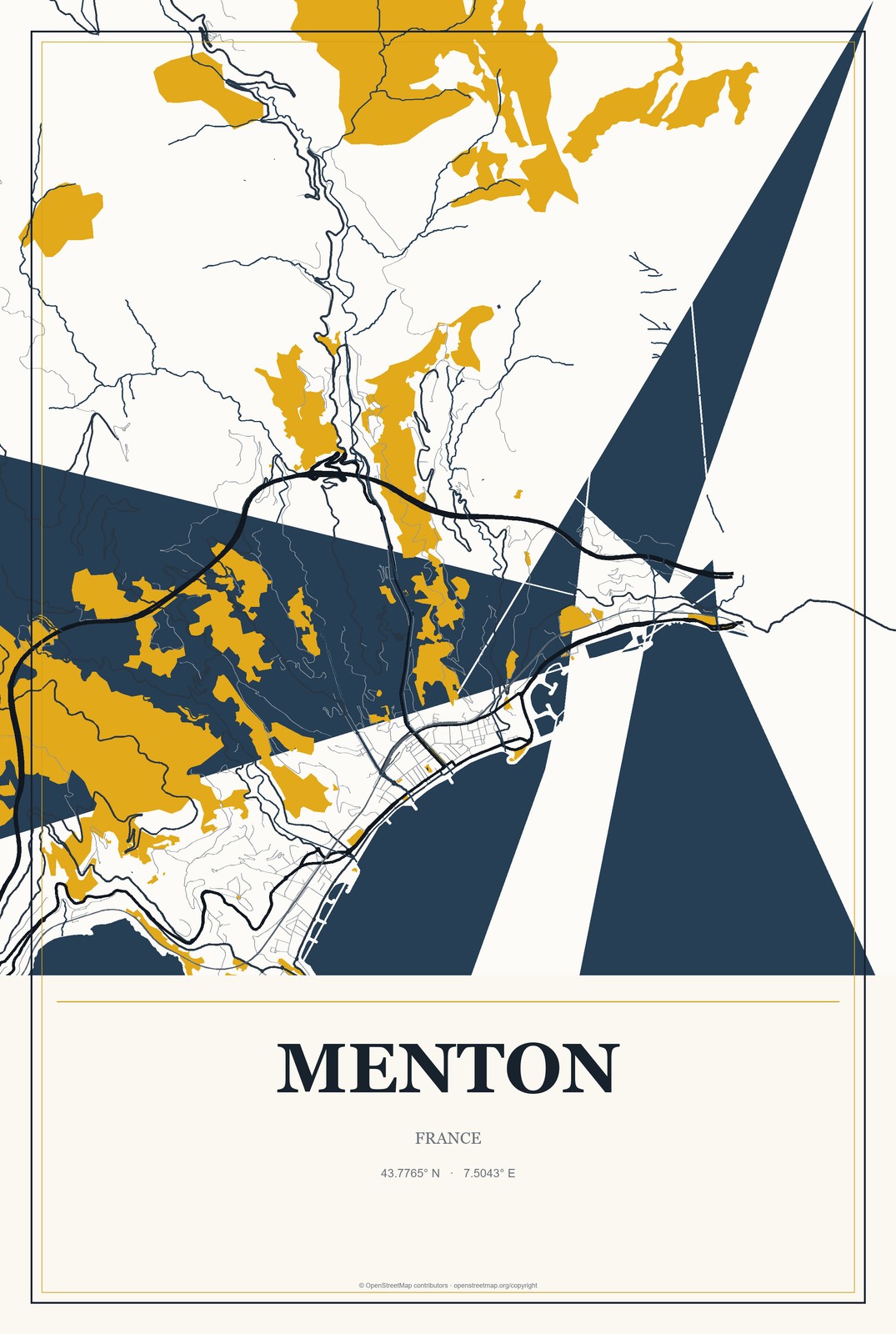 Menton, France City Map Aluminum Sign in Citrine Modern style