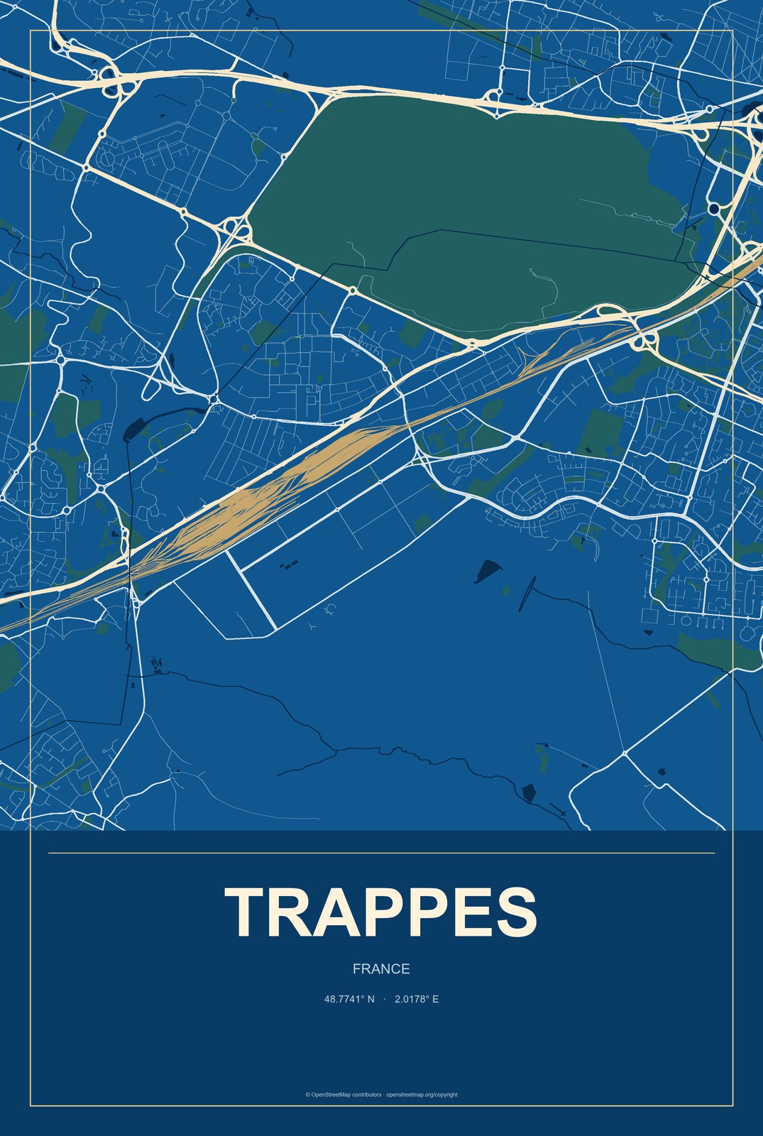 Trappes, France City Map Aluminum Sign in Harbor Cobalt style