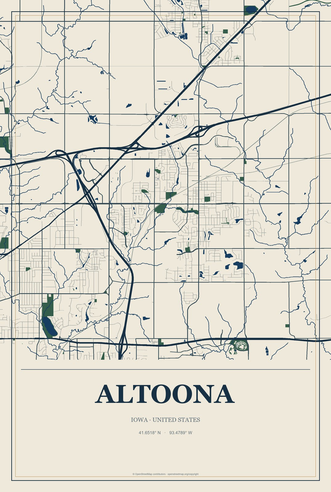 Altoona, Iowa City Map Aluminum Sign in Coastal Cutout style