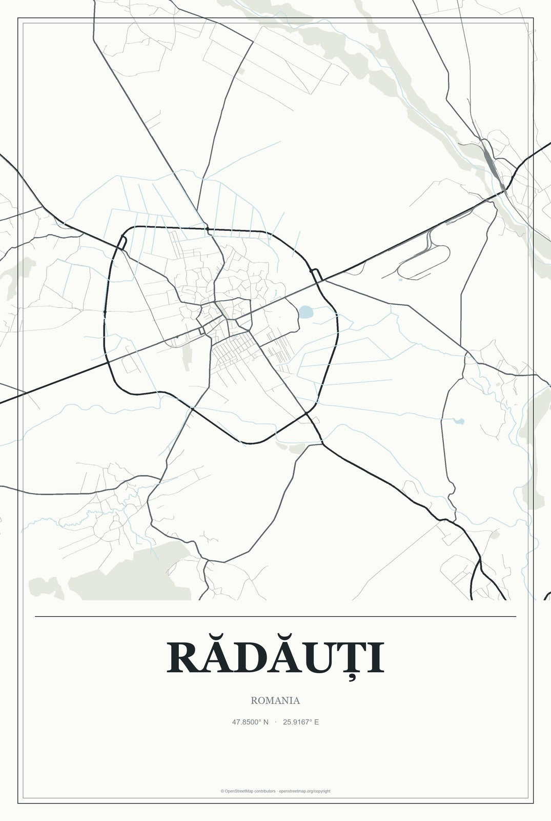 Rădăuți, Romania City Map Aluminum Sign in Gallery Air style