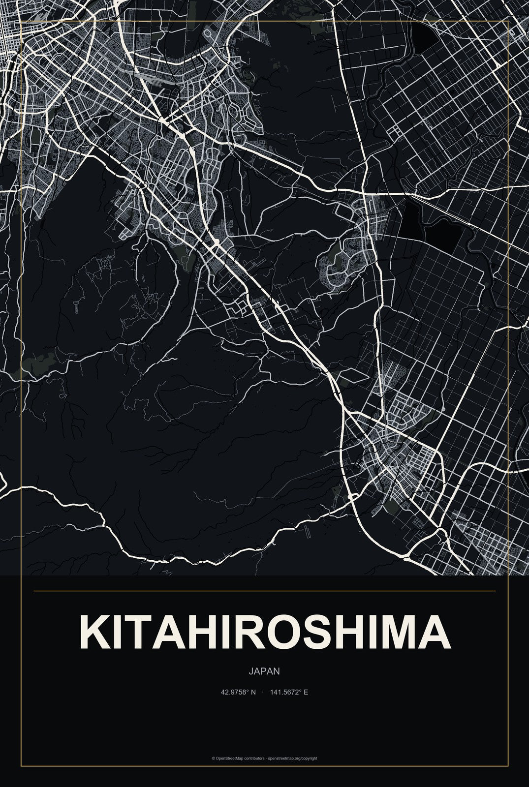 Kitahiroshima, Japan City Map Aluminum Sign in Metropolitan Noir style
