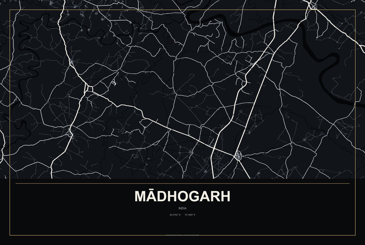 Mādhogarh, India City Map Aluminum Sign in Metropolitan Noir style