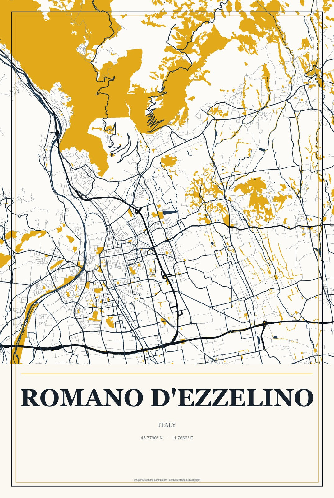 Romano d'Ezzelino, Italy City Map Aluminum Sign in Citrine Modern style