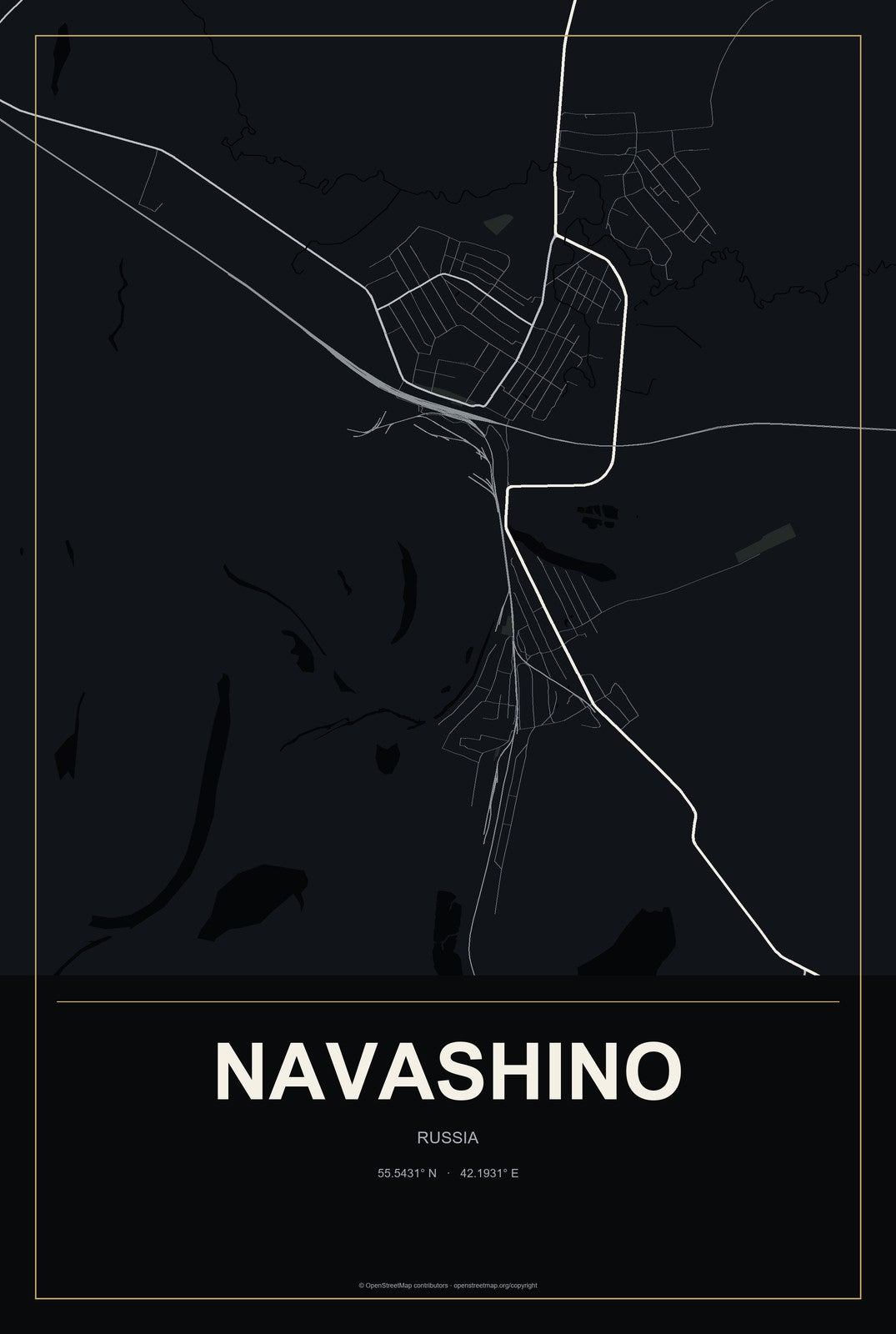 Navashino, Russia City Map Aluminum Sign in Metropolitan Noir style