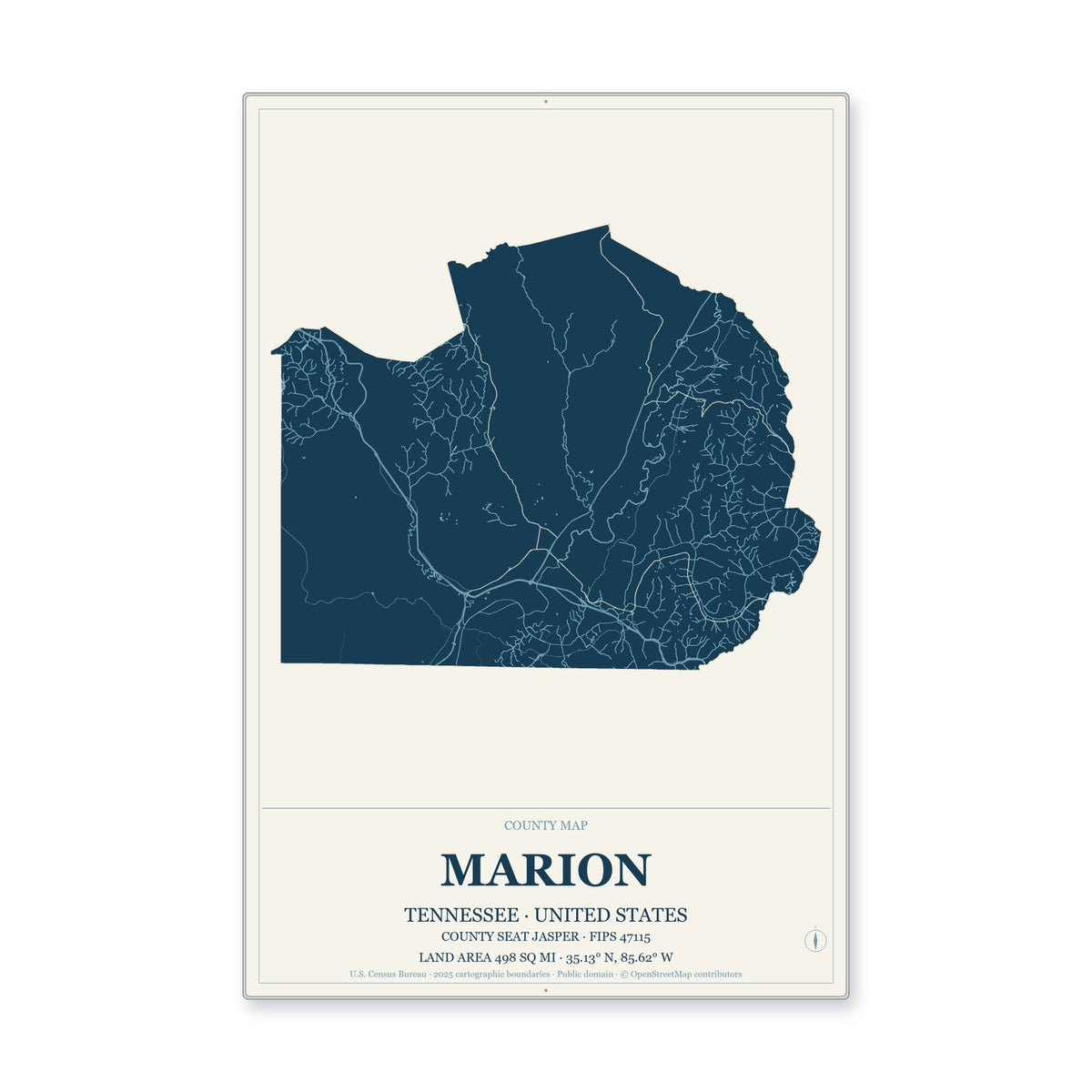 Marion County, Tennessee Map Aluminum Sign in Coastal Cutout style